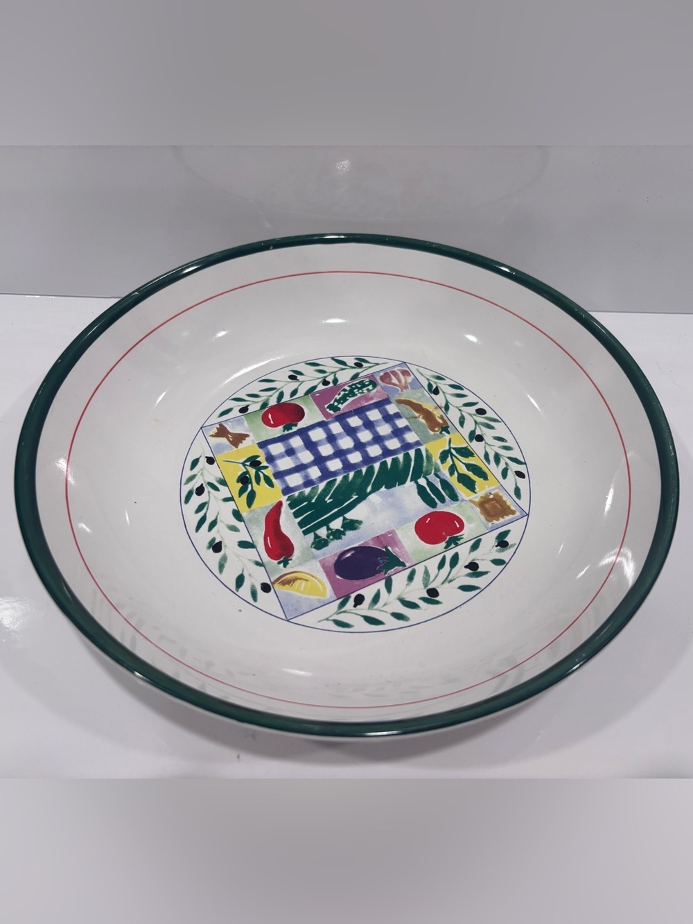 Country side  Hand-Painted White Ceramic Serving Bowl with Green Rim 11”